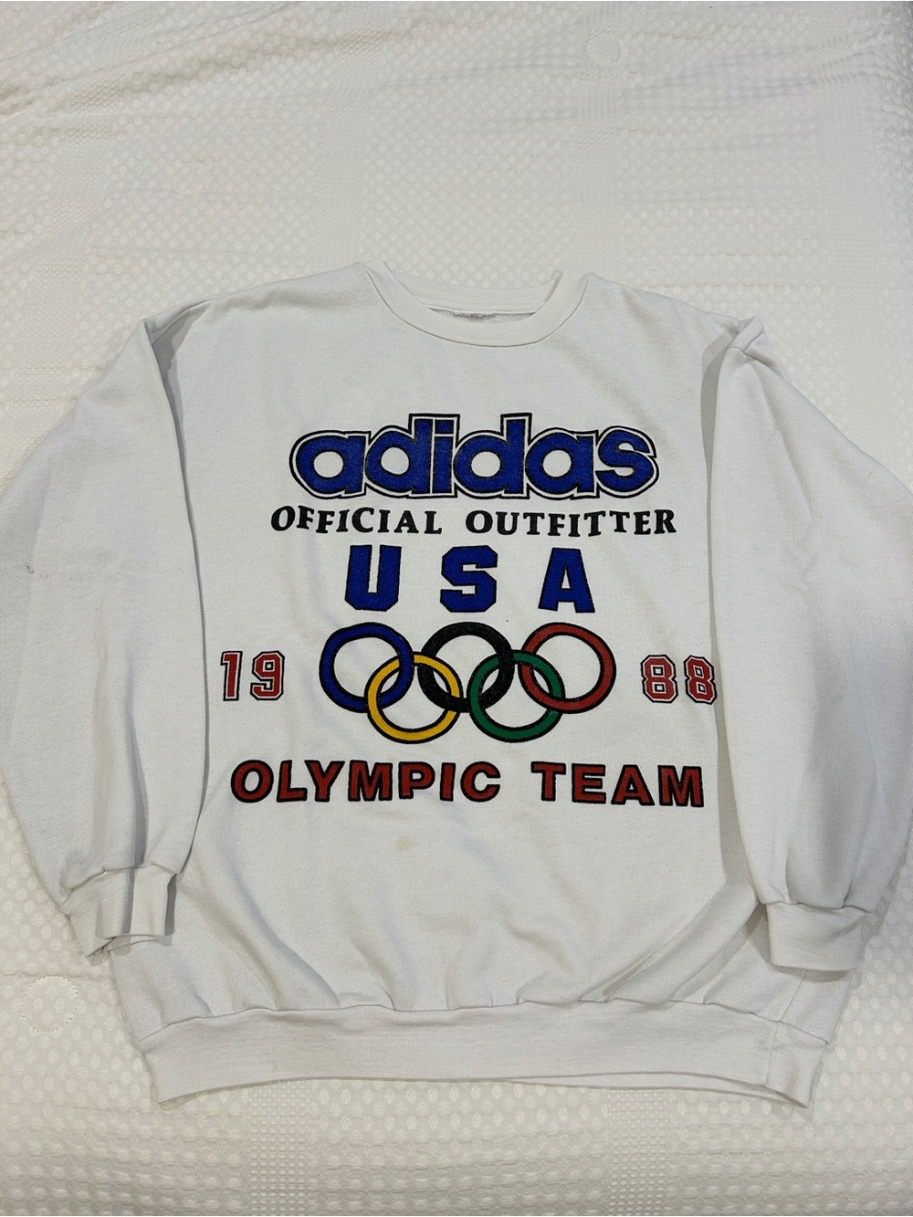 Vintage adidas White USA Olympic Team Sweatshirt with Multicolor Rings 1988